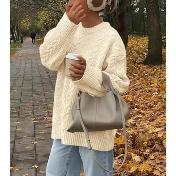 Okiwam Women's Oversized Sweaters Long Sleeve Crewneck Chunky Knitted Pullover 2025 Fall Solid Color Jumper Tops-S Beige White