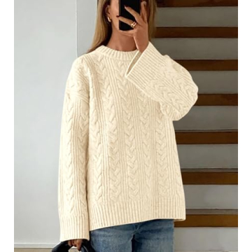 Okiwam Women's Oversized Sweaters Long Sleeve Crewneck Chunky Knitted Pullover 2025 Fall Solid Color Jumper Tops-S Beige White