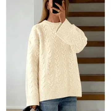 Okiwam Women's Oversized Sweaters Long Sleeve Crewneck Chunky Knitted Pullover 2025 Fall Solid Color Jumper Tops-S Beige White