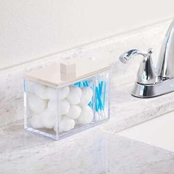 mDesign Modern Square Bathroom Vanity Countertop Storage Organizer Canister Jar for Cotton Swabs, Rounds, Balls, Makeup Sponges, Bath Salts - 2 Divided Sections - Clear/Cream