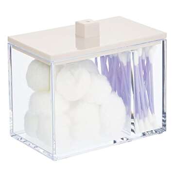 mDesign Modern Square Bathroom Vanity Countertop Storage Organizer Canister Jar for Cotton Swabs, Rounds, Balls, Makeup Sponges, Bath Salts - 2 Divided Sections - Clear/Cream