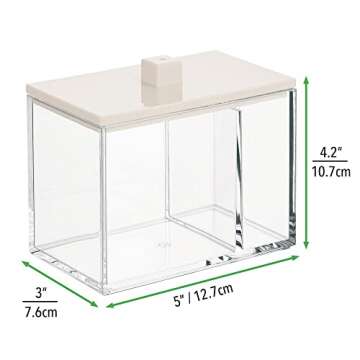 mDesign Modern Square Bathroom Vanity Countertop Storage Organizer Canister Jar for Cotton Swabs, Rounds, Balls, Makeup Sponges, Bath Salts - 2 Divided Sections - Clear/Cream