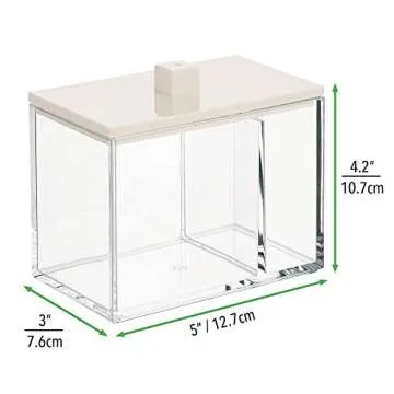 mDesign Modern Square Bathroom Vanity Countertop Storage Organizer Canister Jar for Cotton Swabs, Rounds, Balls, Makeup Sponges, Bath Salts - 2 Divided Sections - Clear/Cream