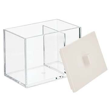 mDesign Modern Square Bathroom Vanity Countertop Storage Organizer Canister Jar for Cotton Swabs, Rounds, Balls, Makeup Sponges, Bath Salts - 2 Divided Sections - Clear/Cream