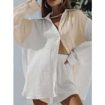 Fixmatti Women Two Piece Button Down Outfits Long Sleeve Shirt and Short Set Sweatsuit Loungewear Colorblock S