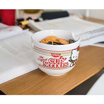 Hello Kitty Cup Noodles Japanese Ceramic Dinnerware Set | Includes 20-Ounce Ramen Bowl and Wooden Chopsticks | Asian Food Dish Set For Home Kitchen | Kawaii Anime Gifts, Official Sanrio Collectible