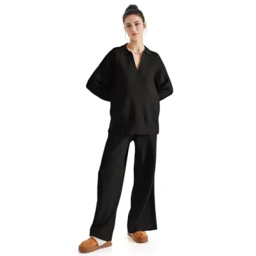 SUUKSESS Women 2 piece Fall outfits Long Sleeve Oversized Matching Lounge Set Waffle Knit Polo Sweater sets (Black,L)