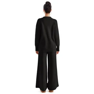 SUUKSESS Women 2 piece Fall outfits Long Sleeve Oversized Matching Lounge Set Waffle Knit Polo Sweater sets (Black,L)