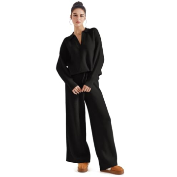 SUUKSESS Women 2 piece Fall outfits Long Sleeve Oversized Matching Lounge Set Waffle Knit Polo Sweater sets (Black,L)