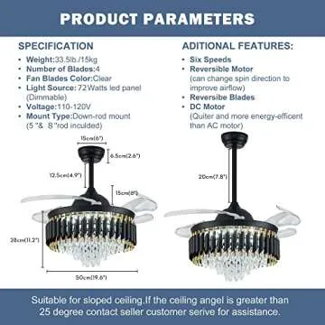 FRIXCHUR Modern Dimmable Crystal Ceiling Fan with Remote