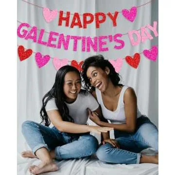 JKQ Glittery Happy Galentine’s Day Banner and Red Pink Rose Red Glitter Hearts Banner Galentine's Day Banner Garland Girls Ladies Galentines Day Party Decorations for Valentines Day Party Supplies