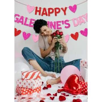 JKQ Glittery Happy Galentine’s Day Banner and Red Pink Rose Red Glitter Hearts Banner Galentine's Day Banner Garland Girls Ladies Galentines Day Party Decorations for Valentines Day Party Supplies