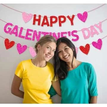 JKQ Glittery Happy Galentine’s Day Banner and Red Pink Rose Red Glitter Hearts Banner Galentine's Day Banner Garland Girls Ladies Galentines Day Party Decorations for Valentines Day Party Supplies