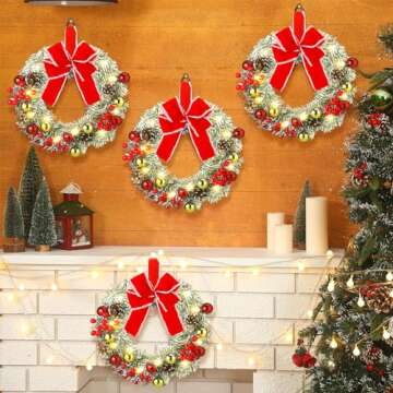 Ceenna 4 Pcs Pre-lit 14 Inch Christmas Wreaths with Timer and LED Lights