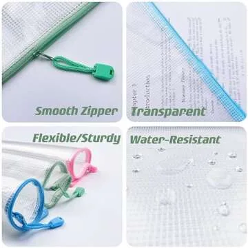 Oaimyy-18Pcs,Plastic Mesh Zipper Pouch Document Folders Bag Zipper Zip File Folders for Office Supplies, Travel,Organizing Storage (6 Sizes, Multicolor)