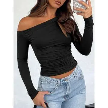 ANRABESS Womens Off Shoulder Long Sleeve Shirts Slim Fitted Sexy Tight Going Out Crop Tops Blouses Y2K Outfits 2025 Trendy Black M