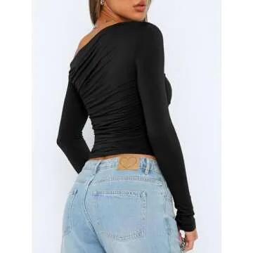 ANRABESS Womens Off Shoulder Long Sleeve Shirts Slim Fitted Sexy Tight Going Out Crop Tops Blouses Y2K Outfits 2025 Trendy Black M