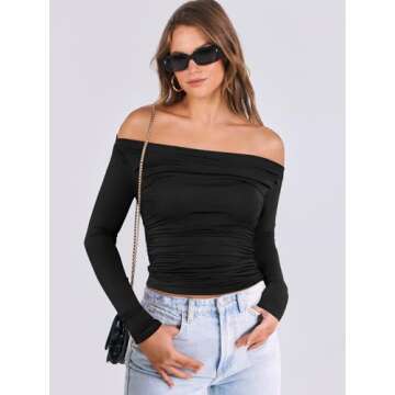 ANRABESS Womens Off Shoulder Long Sleeve Shirts Slim Fitted Sexy Tight Going Out Crop Tops Blouses Y2K Outfits 2025 Trendy Black M