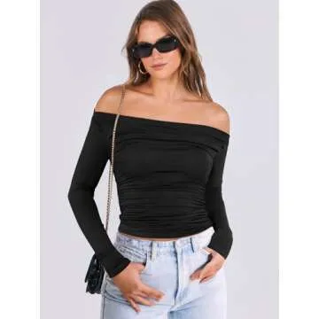 ANRABESS Womens Off Shoulder Long Sleeve Shirts Slim Fitted Sexy Tight Going Out Crop Tops Blouses Y2K Outfits 2025 Trendy Black M