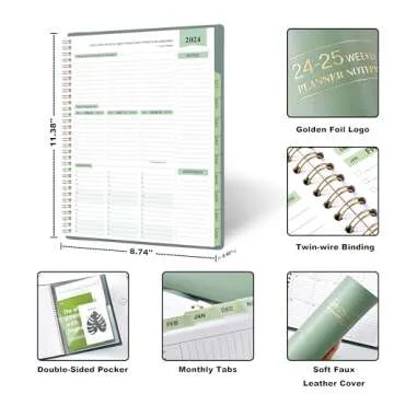 2024-2025 Planner - 11.38'' x 8.74'', Weekly & Monthly Planner Notepad,JUL 2024 - JUN 2025, Appointment Book, 60 Minutes Intervals, Monthly Tabs, Faux Soft Leather, Spiral Bound, Back Pockets - Green