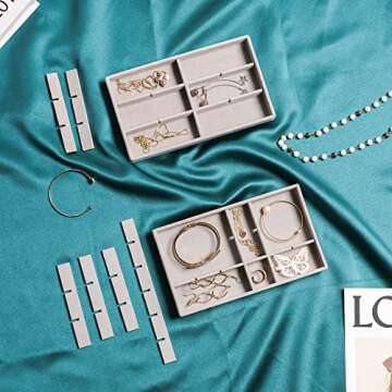Frebeauty Jewelry Organizer Tray,Stackable Velvet Jewelry Trays,Drawer Inserts Earring Organizer For Women Jewelry Storage Display Case for Rings Stud Necklaces,Set of 6(Grey)