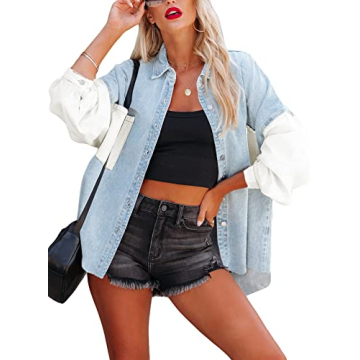 Happy Sailed Plus Size Denim Shacket Jackets for Women Classic Lapel Button Down Denim Shirts Jacket...