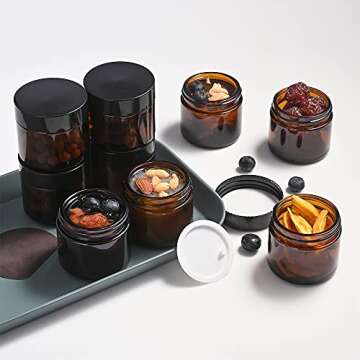 2 oz Amber Glass Jars with Lids, Bumobum 3 pack Small Jars with White Labels & Inner Liners, 60 ml Empty Round Cosmetic Containers for Sample, Powder, Cream, Lotion, Spice