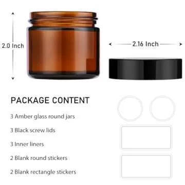 2 oz Amber Glass Jars with Lids, Bumobum 3 pack Small Jars with White Labels & Inner Liners, 60 ml Empty Round Cosmetic Containers for Sample, Powder, Cream, Lotion, Spice