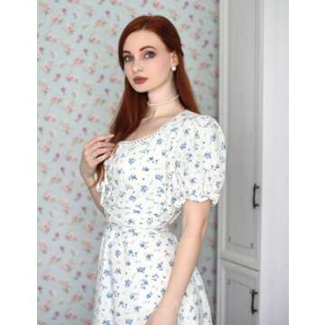 Women 2023 Summer Dress Short Sleeve Smocked Waist Dress Vintage Dress with Pockets Blue S