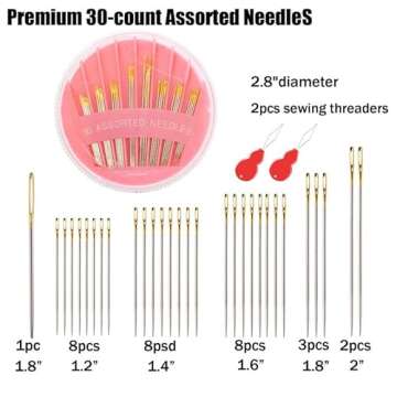 30Pack Premium Sewing Needles for Hand Sewing Repair, 6 Sizes Assorted Needles with 2 Threaders, Han...