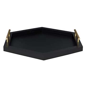 Kate and Laurel Halsey Hexagon Decorative Wood Tray with Polished Metal Handles, Black and Gold