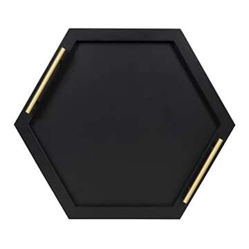Kate and Laurel Halsey Hexagon Decorative Wood Tray with Polished Metal Handles, Black and Gold