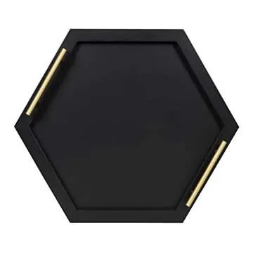 Kate and Laurel Halsey Hexagon Decorative Wood Tray with Polished Metal Handles, Black and Gold