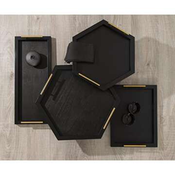 Kate and Laurel Halsey Hexagon Decorative Wood Tray with Polished Metal Handles, Black and Gold