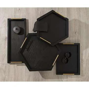 Kate and Laurel Halsey Hexagon Decorative Wood Tray with Polished Metal Handles, Black and Gold