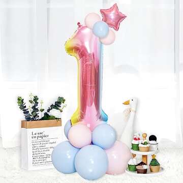 40 Inch Giant Rainbow Number 1 Balloons, Birthday Balloons, Helium Mylar Foil Big Number Balloons for Birthday Party Decorations, Kids' Birthday Anniversary Party Baby Shower Unicorn Parties