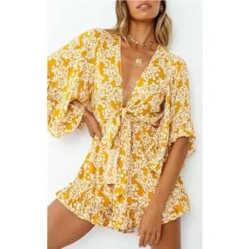 PRETTYGARDEN Floral Plunge Neck Romper for Women