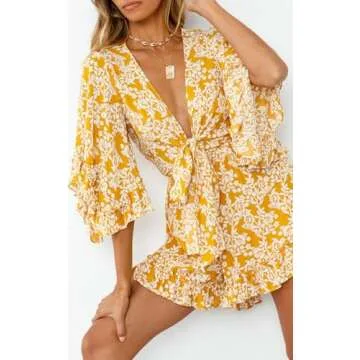 PRETTYGARDEN Floral Plunge Neck Romper for Women
