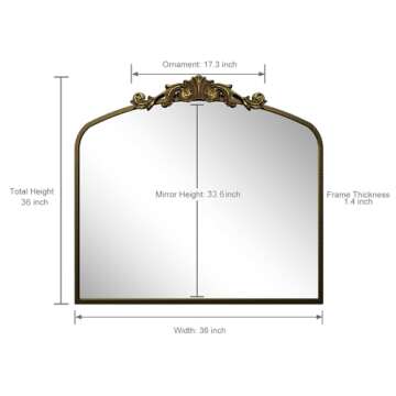 SMIROR Arched Gold Antique Mirror 36x36, Arch Vintage Mirror Over Fireplace, Metal Framed Baroque Mirror for Bathroom Vanity Mantel
