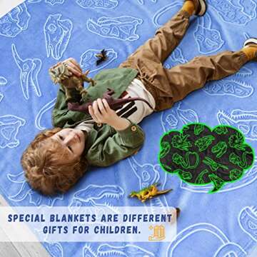 Dinosaur Blanket Gifts Toys for Kids Boys Glow in The Dark Blanket Cute Soft Fuzzy Blue Dino Fleece Throw Blanket for Teens Boys Toddlers Birthday