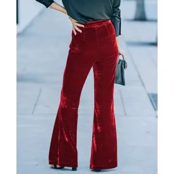 Women's Velvet Flare Leg Pants Solid Elastic High Waisted Wide Leg Bell Bottom Pants Zipper Red XL