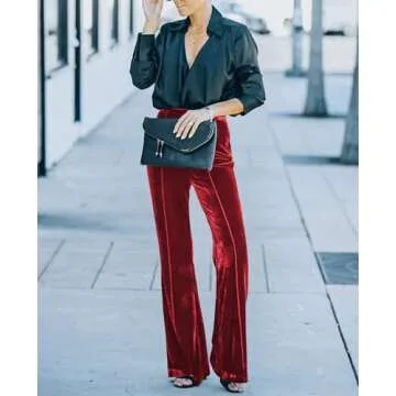 Women's Velvet Flare Leg Pants Solid Elastic High Waisted Wide Leg Bell Bottom Pants Zipper Red XL