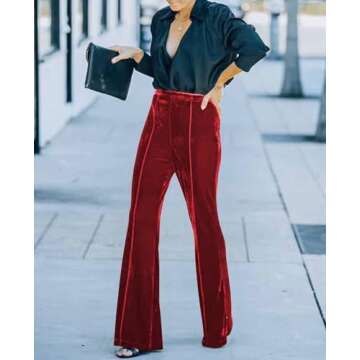Women's Velvet Flare Leg Pants Solid Elastic High Waisted Wide Leg Bell Bottom Pants Zipper Red XL