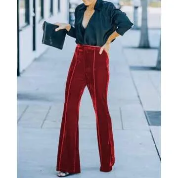 Women's Velvet Flare Leg Pants Solid Elastic High Waisted Wide Leg Bell Bottom Pants Zipper Red XL