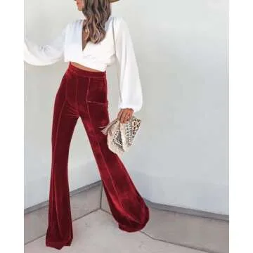 Women's Velvet Flare Leg Pants Solid Elastic High Waisted Wide Leg Bell Bottom Pants Zipper Red XL