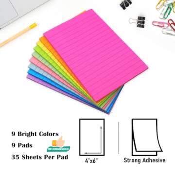 9 Pack Lined Sticky Notes 4x6 in Post Sticky Notes with Lines, 9 Bright Colors Large Ruled Post Stic...