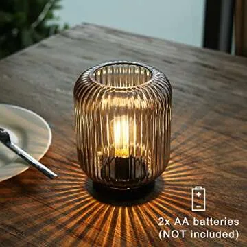 LUSHARBOR Battery Operated Lamp, Cordless Table Lamps for Home Decor, Battery Powered Nightlight with LED Bulb, Decorative Glass Beside Lamp for Bedroom Living Room-Grey