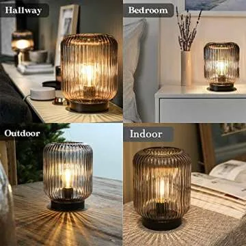 LUSHARBOR Battery Operated Lamp, Cordless Table Lamps for Home Decor, Battery Powered Nightlight with LED Bulb, Decorative Glass Beside Lamp for Bedroom Living Room-Grey