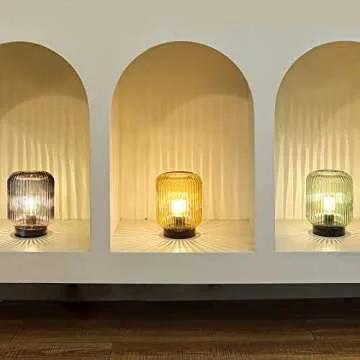 LUSHARBOR Battery Operated Lamp, Cordless Table Lamps for Home Decor, Battery Powered Nightlight with LED Bulb, Decorative Glass Beside Lamp for Bedroom Living Room-Grey