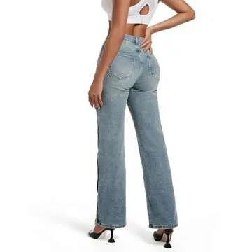 ETTELO Womens Jeans Hig Waisted Straight Leg Loose Stretchy Tummy Control Trendy Side Slit Jeans for Women 2025 (US, Numeric, 10, Regular, Regular, Medium Vintagr)